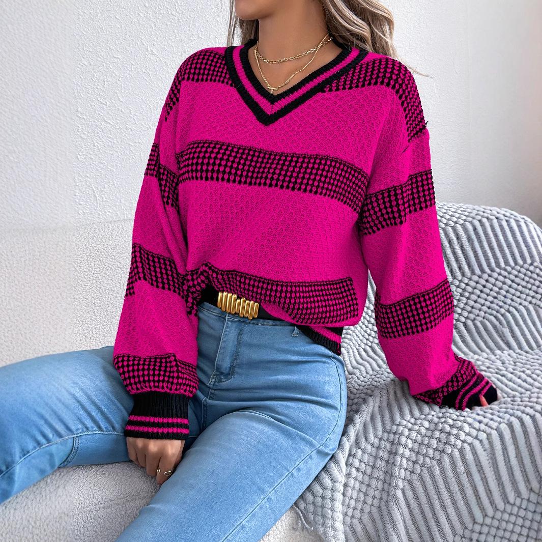 

QICED Autumn Winter V-neck Contrasting Color Striped Lantern Long-sleeved Pullover Sweater Women s Wear S рожевий червоний колір