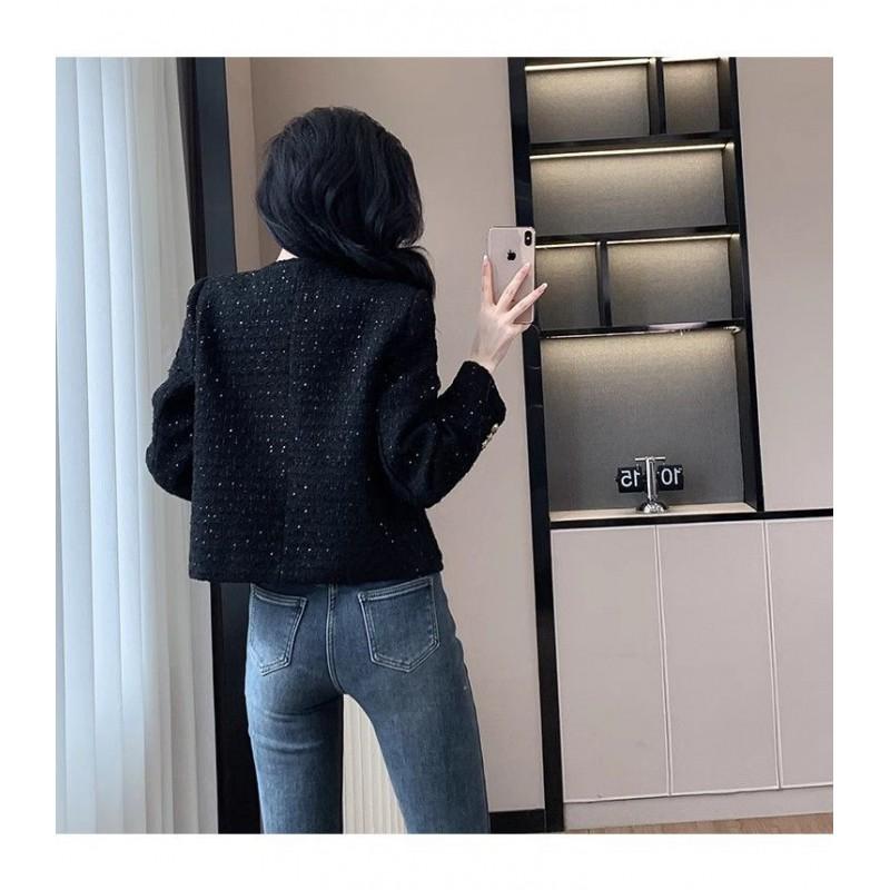 2026 Womens Short Tweed Blazer With Sequins Chic French Style Cropped Jacket Petite Figures