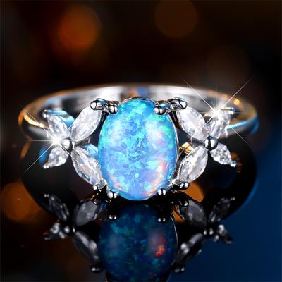 Blauer Opal Niedliche Eiform Steinringe Für Frauen Weißer Zirkon Vintage Silberfarbe Verlobung Versprechensringe Braut Hochzeits Schmuck
