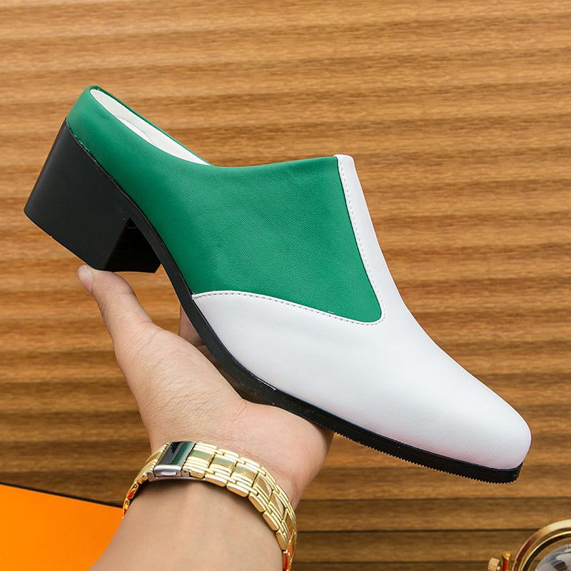 Men s Plus Size Chunky Heel Leather Mules - Summer British Style, Height Increasing 39