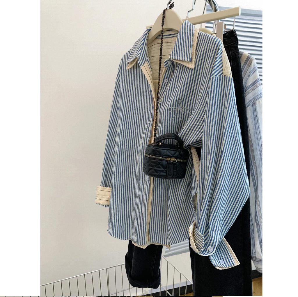 Striped Front Shoulder Fake Two-piece Shirt Jacket for Women In Autumn and Winter, Korean Style High-end Feeling, Short Long Sleeved Shirt Top