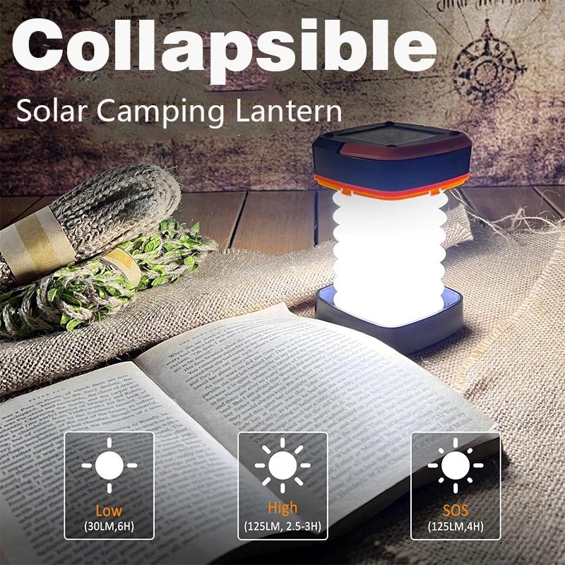 D5 Portable Camping Light Rechargeable Foldable LED Lantern Solar USB Charging,Hanging Flashlight,Power Bank,Outdoor,BBQ,Fishing