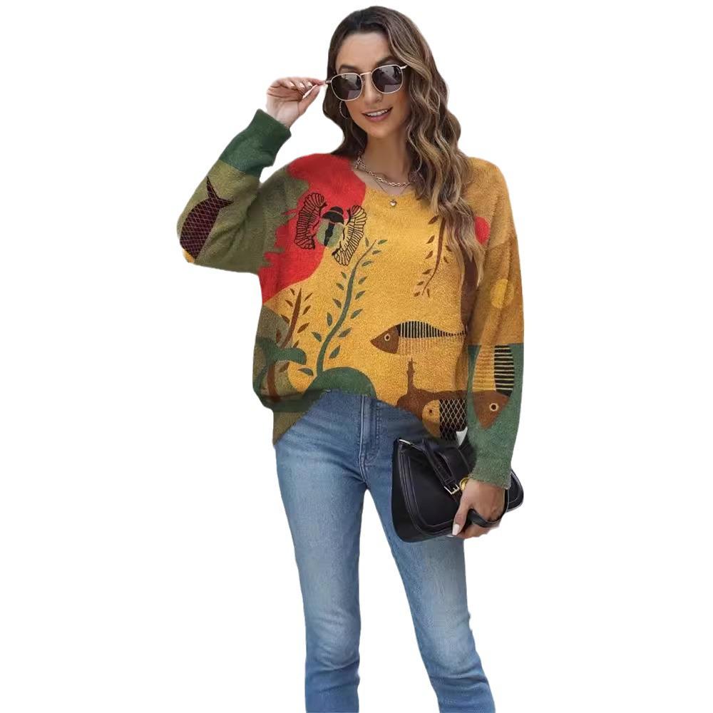 Maglione da donna oversize con motivo animale - Pullover casual a maglia larga con maniche lunghe per autunno/inverno.