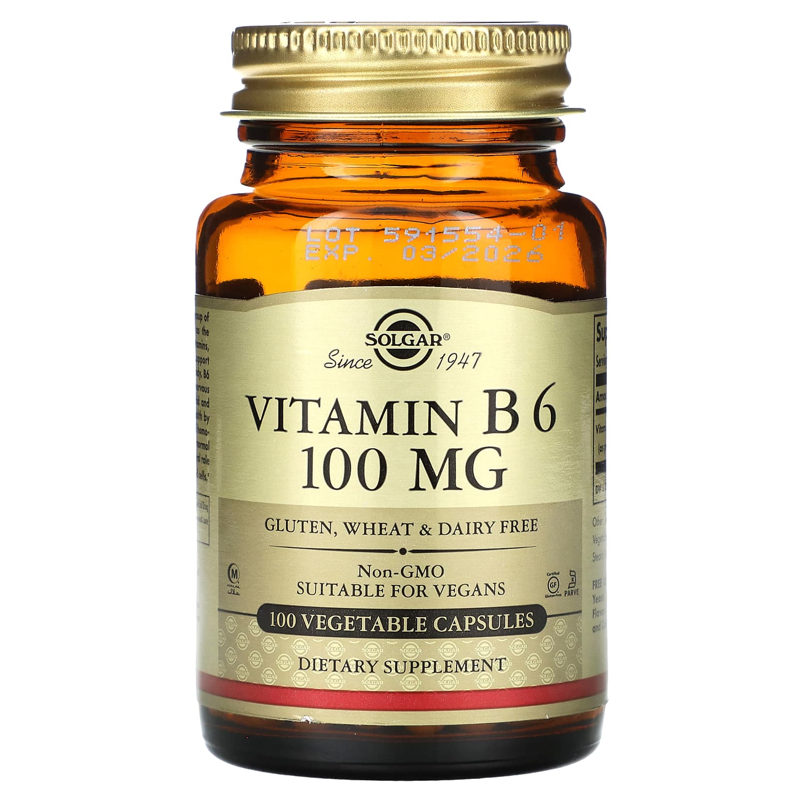 

Solgar, Vitamin B6, 100mg, 100 vegetable capsules