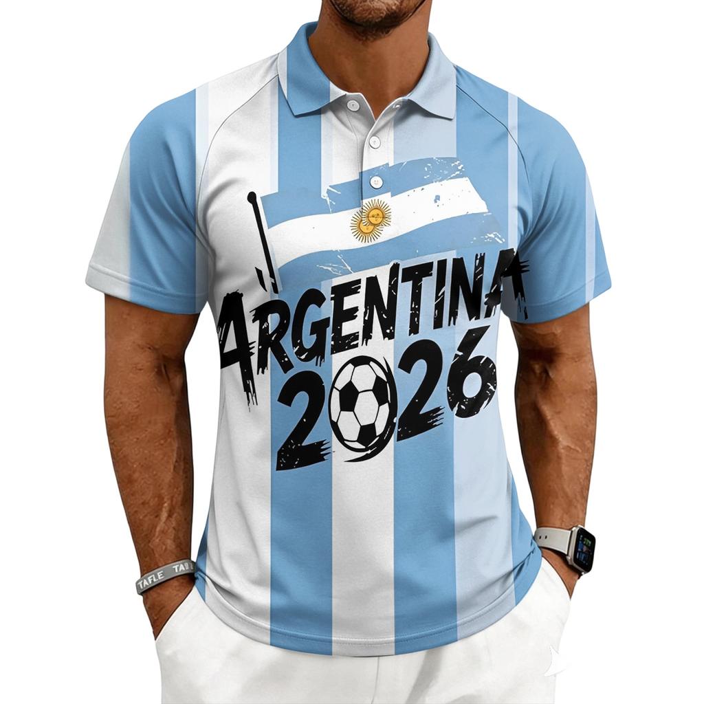 Men’s World Football Series Casual Printed Polo Shirt Button Down Short Sleeve Top with Graphic Lettering Design 2026