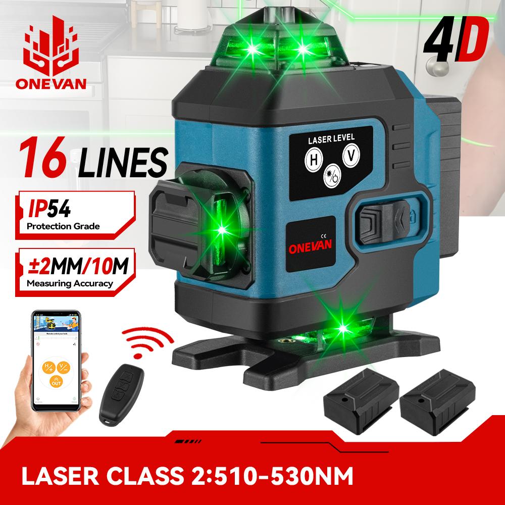 ONEVAN 16řádkový 4D laserový vodováha Samonivelační 360 horizontální a vertikální křížový Super výkonný zelený laserový vodováha se 2 bateriemi