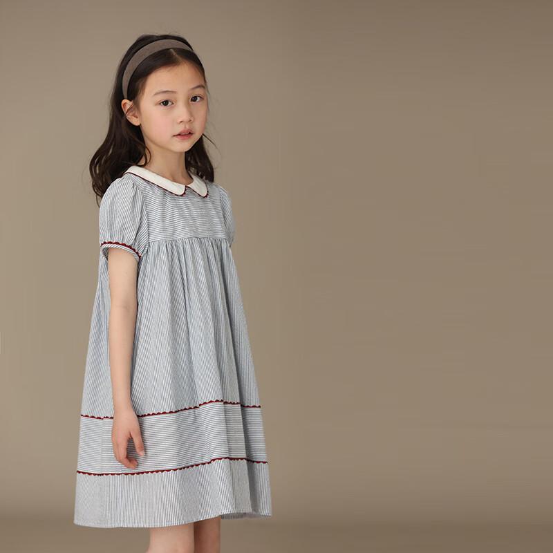 Girls' Short Sleeve Doll Collar Pleated Academy Style Dress