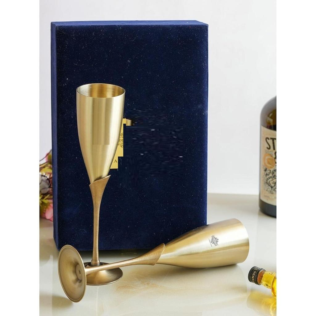 Antique Finish Brass Champagne Glass Set of 2 in Blue Velvet Gift Box, Handcrafted Drinkware for Parties and Diwali Gifts, 200 ML