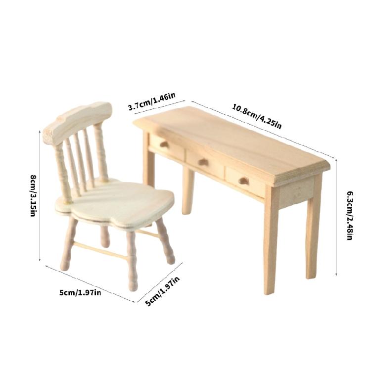 Unpainted Miniature Study Table Chair Set With Smoothly Texture For 1/12 Doll House Decoration Scene Display Accessories