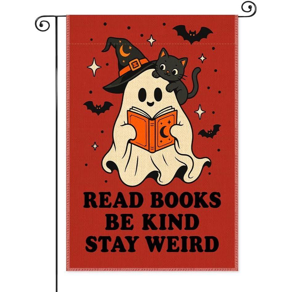 2D Door Banner, Read Books Stay Weird Garden Flag, Halloween Outdoor Banner | Double-Sided Halloween Garden Flag, Reading Book Yard Sign, Book Lover