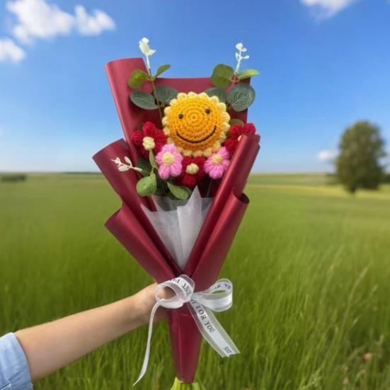 Crochet Flower Bouquet Handmade Knitted Positive Sunflower Artificial Yarn Flower Bouquet Gift for Mother's Day Valentine's Day Anniversary