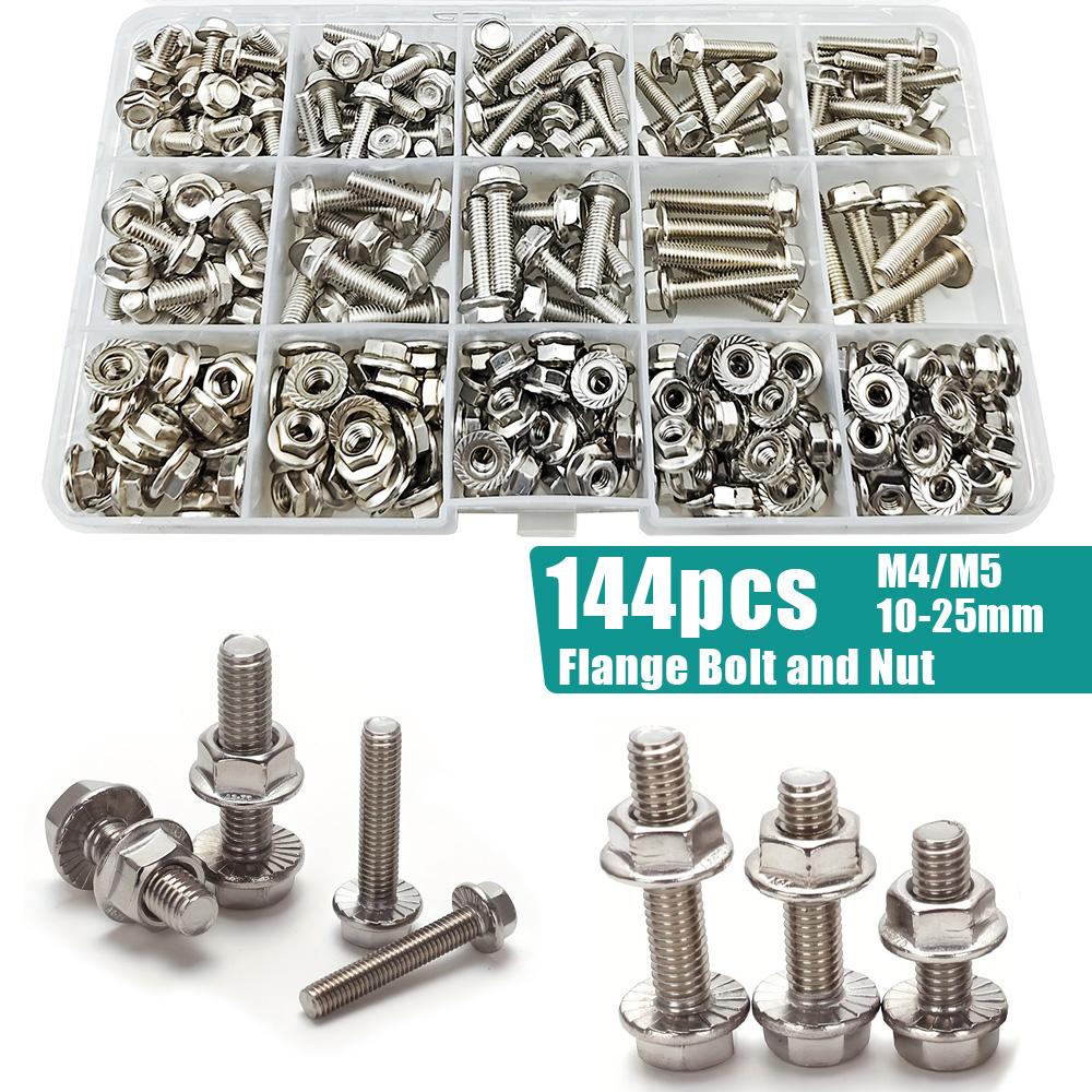 144-Piece 304 Stainless Steel Hex Flange Bolt and Nut Set, M4/M5, Length: 10mm, 12mm, 16mm, 20mm, 25mm