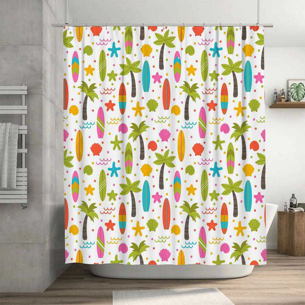 Surfboard, Palm Tree Shell Shower Curtain Beachy Pattern Print Fabric Waterproof Bath Room Decor Shring Showe curtain Set for Li