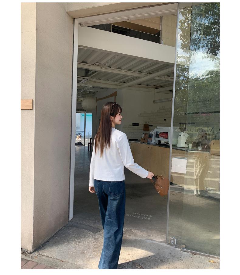 2026 Women's Korean Style Long Sleeve T-shirt with Cat Embroidery - White Base Layer