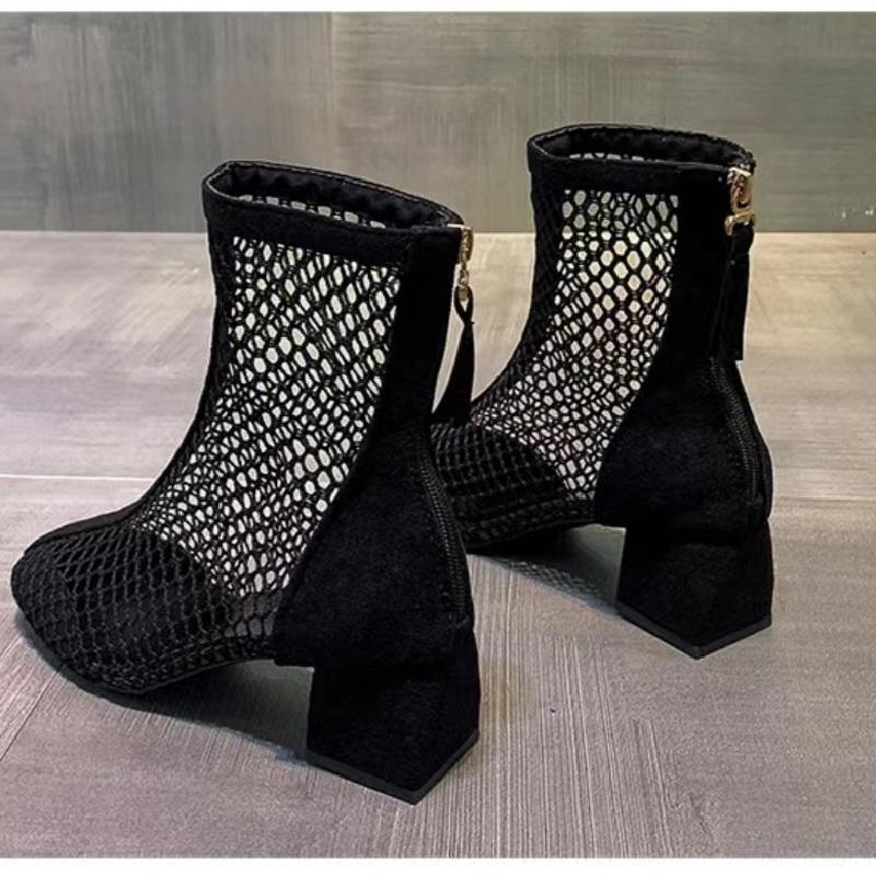 Fashion Women's Sandals Summer Black Shoes Ankle Boots Mesh Hollowing Out Elegant Medium Heels Barefoot Elegant Party Dresses Woman 2024