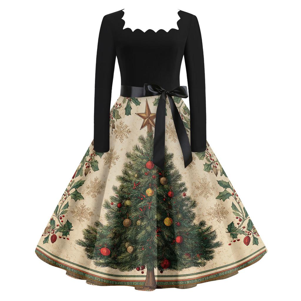 Women's Casual Fashion V Neck Christmas Printed Vintage Dress