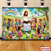 2D Bible Story Backdrop, Jesus Reading To Children In the Meadow Background for Kids Ministry Events