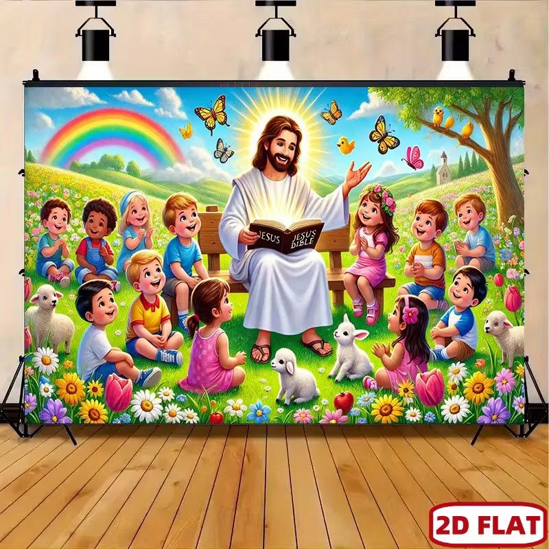 

2D Bible Story Backdrop, Jesus Reading to Children in the Meadow Background for Kids Ministry Events 47.2x31.5inch/120*80cm