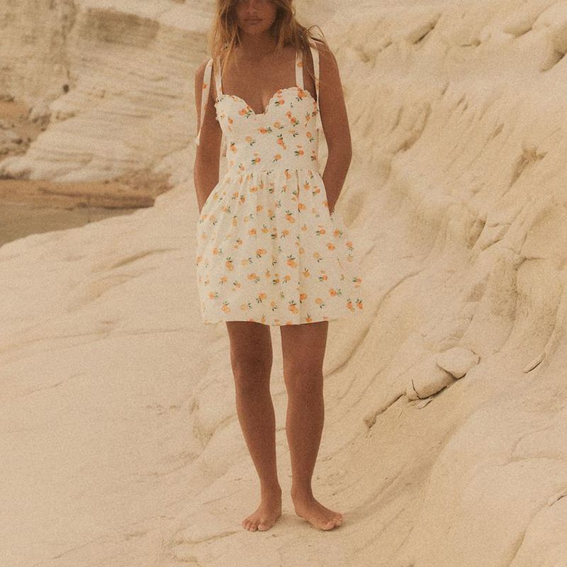 Summer New Women clothes French style Heart-Shaped Collar Sleeveless Orange Print Poplin Sling Dress 3152386