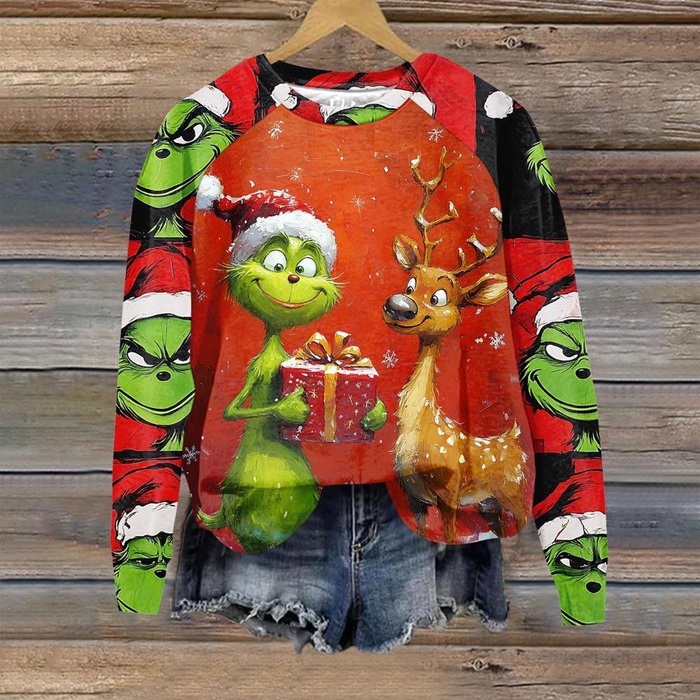 Christmas Fashion Men and Women's Pullover Green Monster Print O-Neck T-shirt Top Casual Outdoor Sweatshirt Kids T-shirt Top Clothing