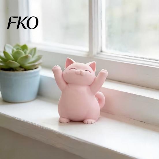 Luxury Cat Sculptures 3D Printed Pink Hugging Figurine, Adorable Sitting Kitten Statue with Raised Paws, Stable Statues Kawaii Desk Car Dashboard