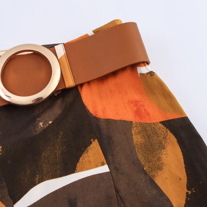 Kaslead New Women clothes Western Style Fashion Simple Print Poplin Belt Skirt 5029171