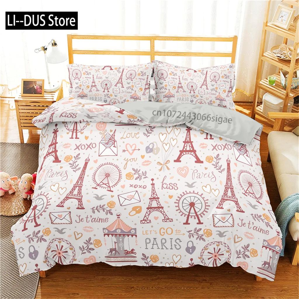 Comforter Eiffel Tower King Size Paris Tower Bedding Set Microfiber French Style Home Decor Grey Cityscape