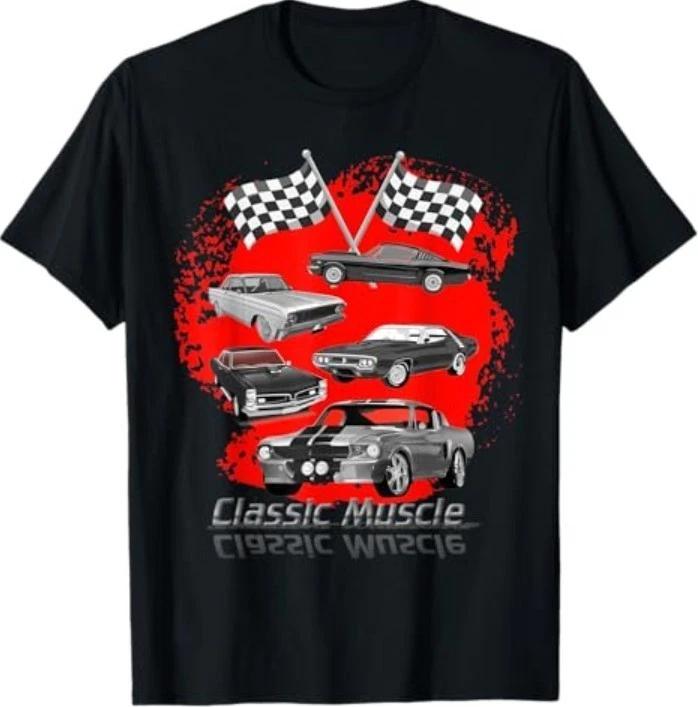 Classic Muscle Cars Race Flags Drag Racing T-Shirt L