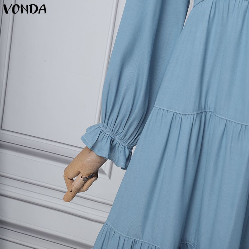 VONDA Women Casual Doll Collar Loose Long Sleeve College Style Dress