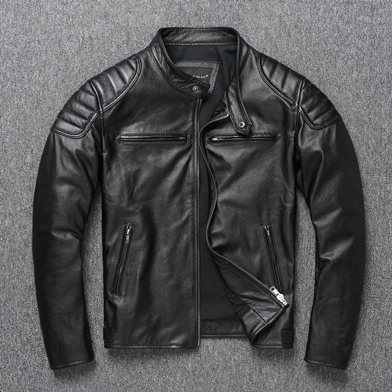 Giacche da Motociclista Vintage Uomo Giacca in Pelle Cappotto in Vera Pelle di Mucca Abbigliamento Biker Maschile Autunno Cappotto in Pelle