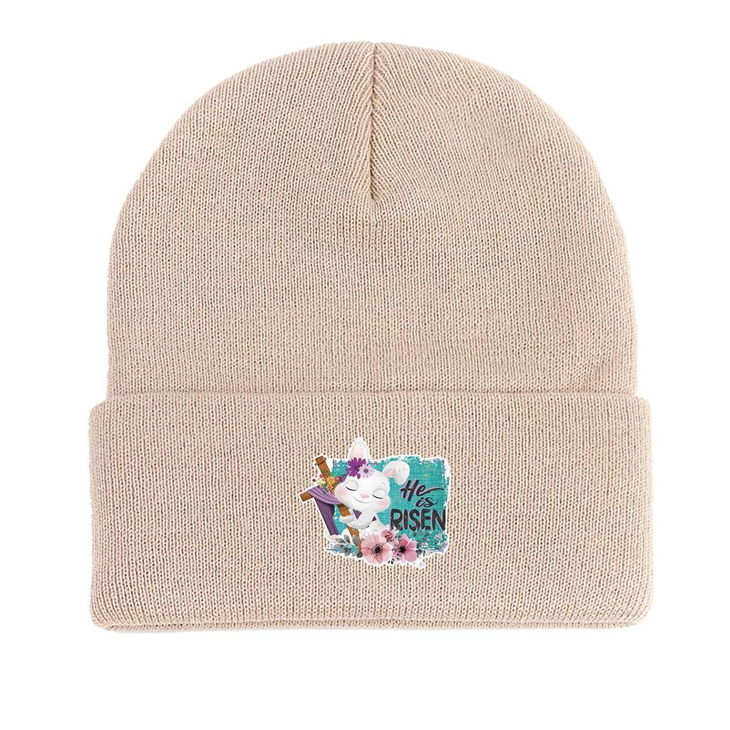 HE IS RISEN" Rabbit Print Knitted Cap Beanie, Easter Skull Cap Cancer Chemo Winter Sporting Headwear Knit Hat Beanie