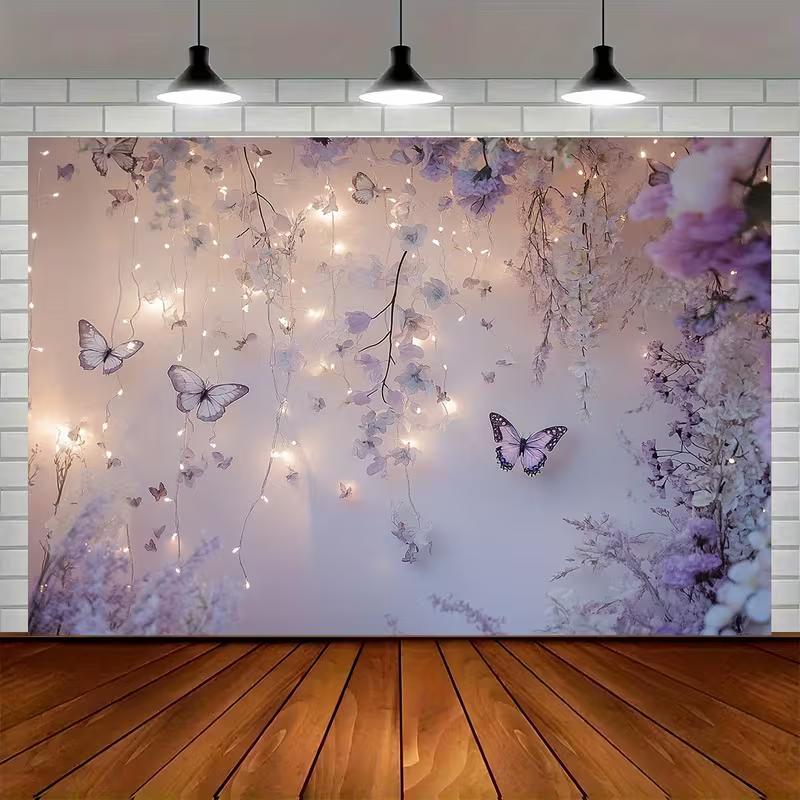 2D Purple Butterfly Backdrop with Fairy Lights Background Cloth