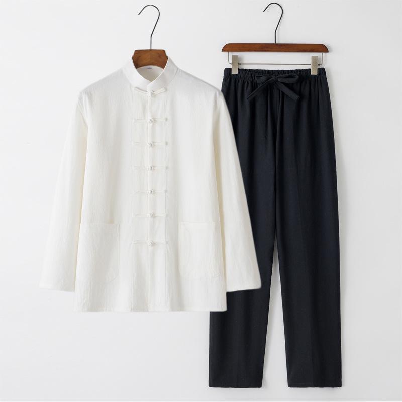 Men's Chinese Style Long-Sleeve Tang Suit Set with Frog Buttons - Retro Tea & Tai Chi Two-Piece