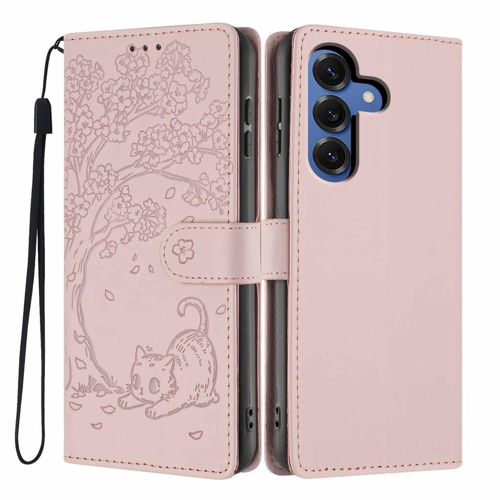 For Samsung Galaxy A37 5G Stand Case Tree-and-Cat Pattern PU Leather Wallet Protective Phone Cover with Wrist Strap