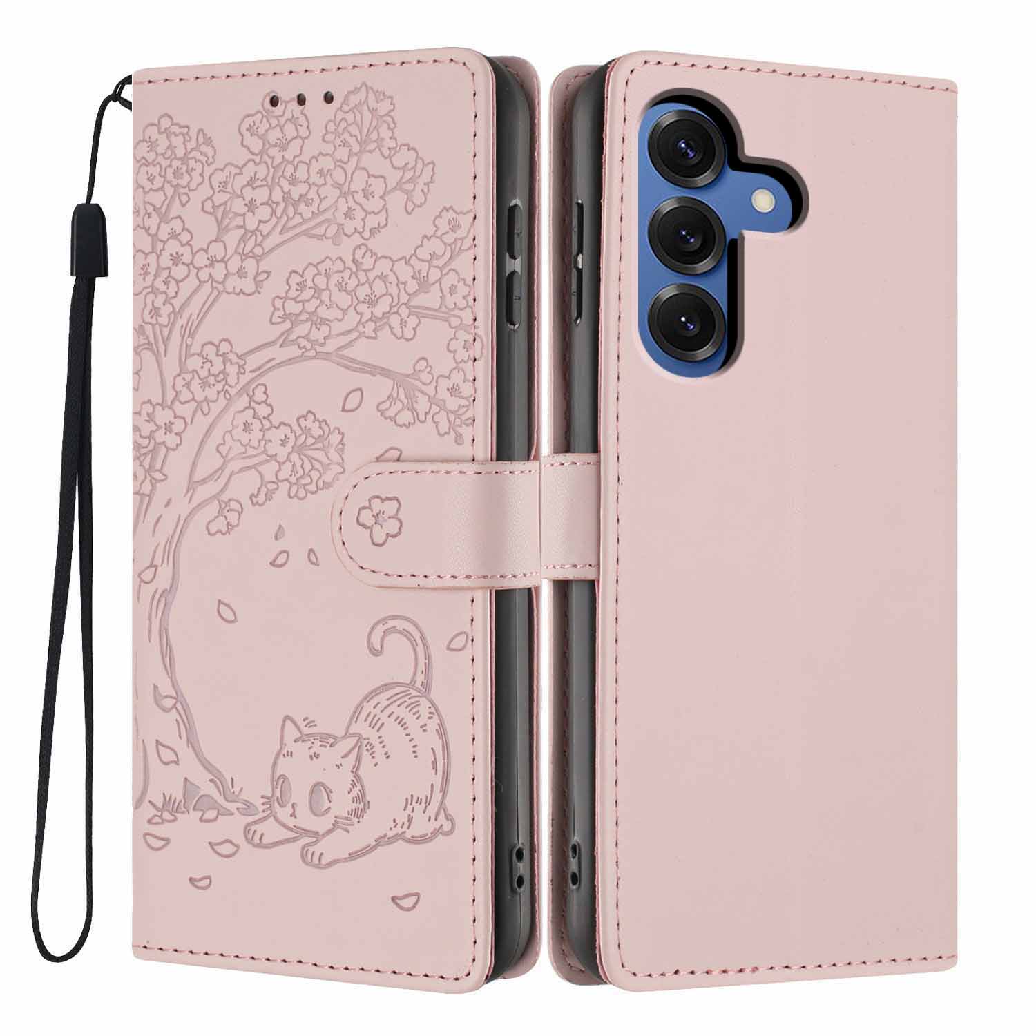 

For Samsung Galaxy A37 5G Stand Case Tree-and-Cat Pattern PU Leather Wallet Protective Phone Cover with Wrist Strap