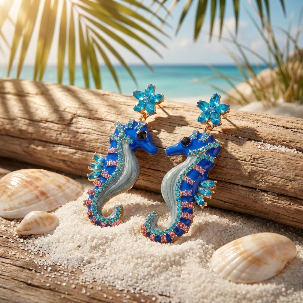 Leichter Luxus Strass Seepferdchen Anhänger Ohrringe für Damen Persönlichkeit Blaue Emaille Meerestier Ohrringe Sommer Schmuck