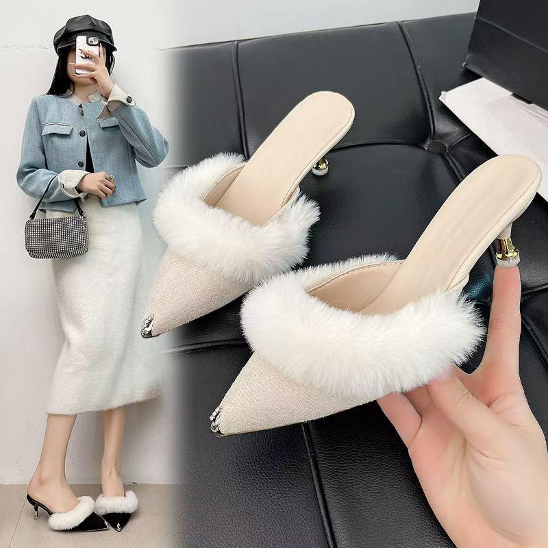 High-heeled Muller Cool Slippers Women's 2025 New Versatile Pointed Heel Bag Head Fluffy Fashion Outer Half Slippers Women