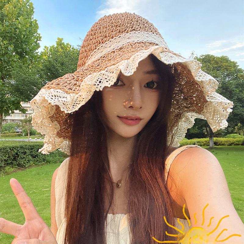 Foldable Lace Edge Sun Hat Woman Summer Straw Hat Handwoven Cute Bow Sunshade Hat for Vacation Beach Cap