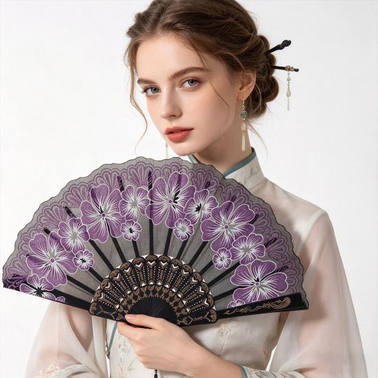 Floral Print Folding Fan Chinese Style Plastic Ribs Hand Held Fan Portable Summer Cooling Fan Dance Performance Party Props