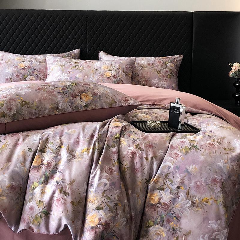 

1000TC Egyptian Cotton Vintage Flowers Digital Print Bedding Set Single Double Duvet Cover Set Flat/Fitted Bed Sheet Pillowcases Flat Bed Sheet&King 220X240cm 4pcs