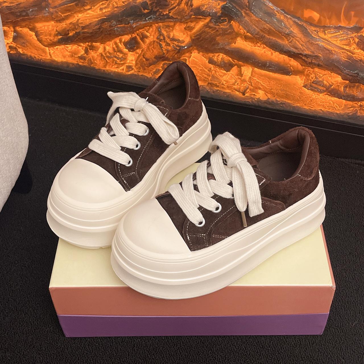 

[Fanfna] Muffin thick-soled ugly cute big head lace-up bread shoes casual shoes women s 2025 new versatile board shoes 40 темно-коричневого