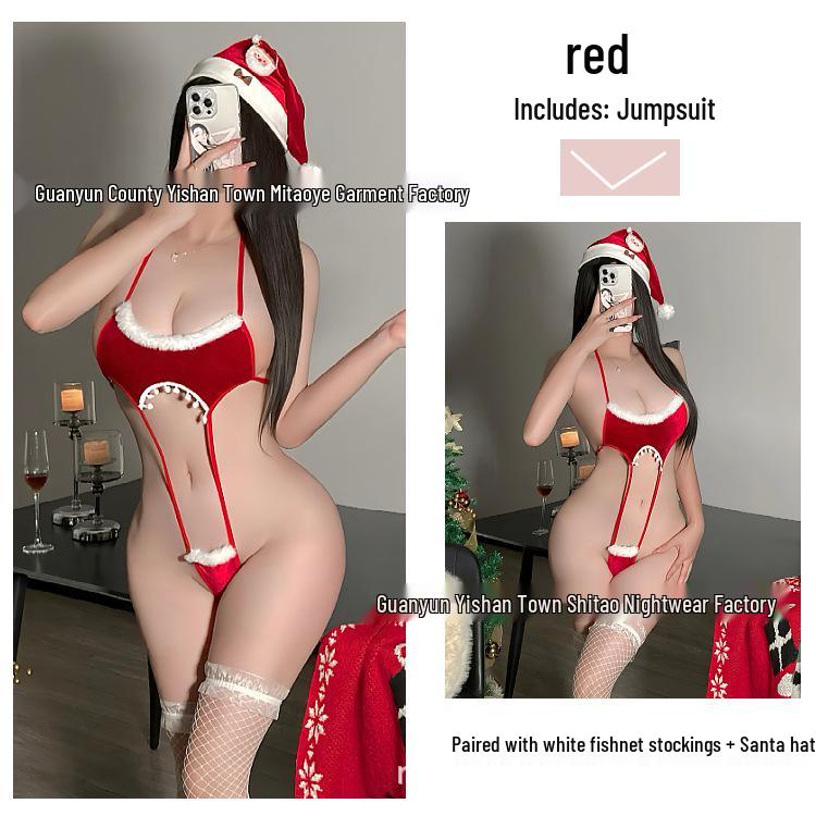 Red Plush Lace-up Halter Bodysuit - Festive Sexy Lingerie for Christmas & New Year