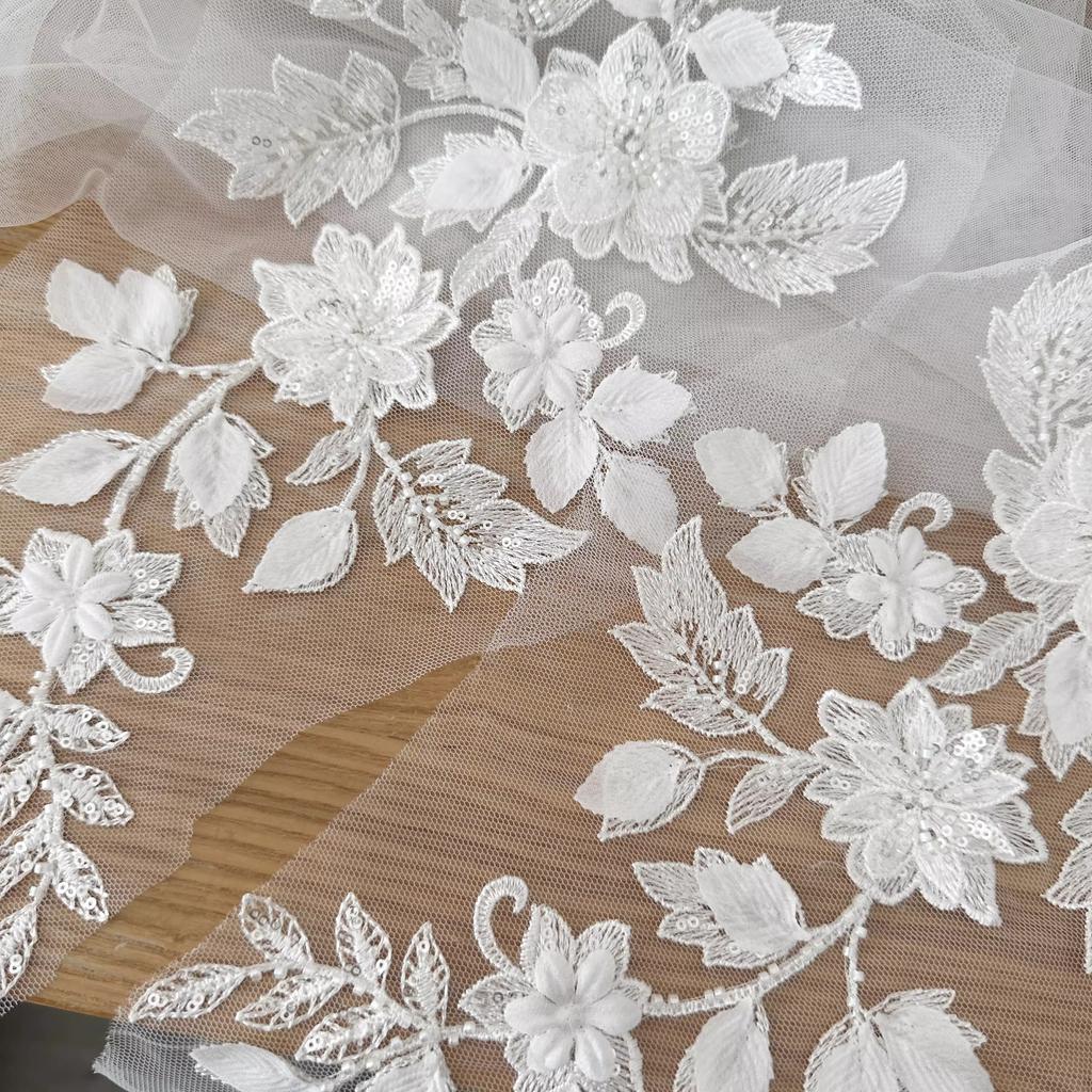 1Pair High Quality Lace for High End Wedding Dresses and Headbands patches Nail Bead Handmade Lace Flower patch
