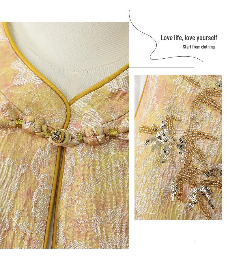 Fashionable Two-Piece Spring Outfit for Moms: Jacquard Satin Vest and National Style Top for Middle-Aged and Elderly Women