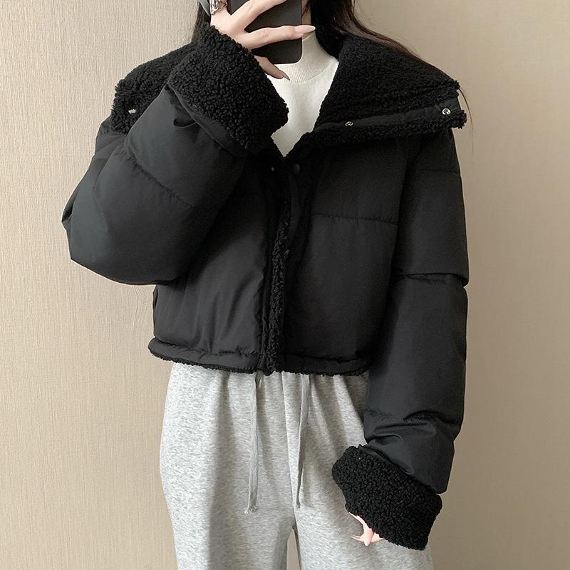 Women's Short Cotton Jacket, Korean Lapel Style, Imitation Lamb Wool, Loose Double-Sided Wear, Long Sleeve Bread Coat.