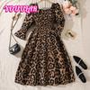 Îmbrăcăminte pentru fete 2025 Colecția Nouă de Toamnă Copii Mijlocii-Mari Rochie Elegantă cu Mânecă Lungă cu Imprimeu Leopard Îmbrăcăminte pentru Copii
