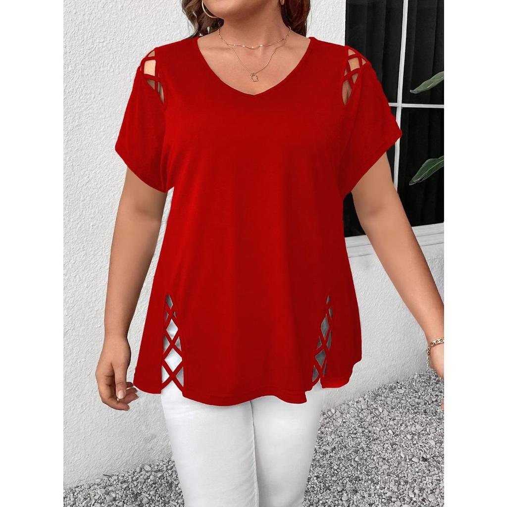 Gładki kolor, krótki rękaw, detal z krzyżującymi się paskami, modny, elegancki, damski top/koszulka plus size