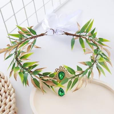 Fairy Vine Elven Crown Diadem Fantasy Elf Tiara Simulate Tree Leaves Rhinestone Decorated Fairy Headpiece Forest Wedding