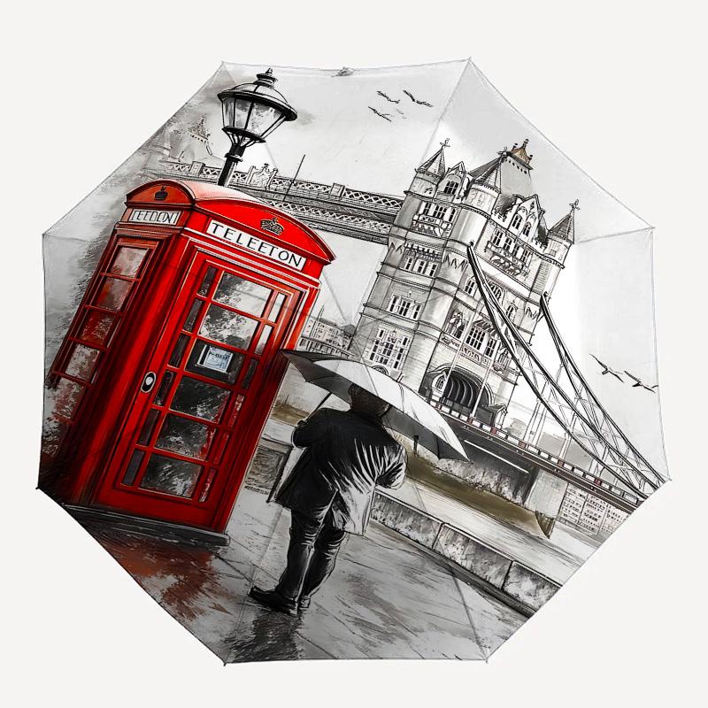 Londra, Ombrello Automatico a Tema Cabina Telefonica, Ombrello Portatile Colorato a 8 Stecche, Adatto per Uomini e Donne,