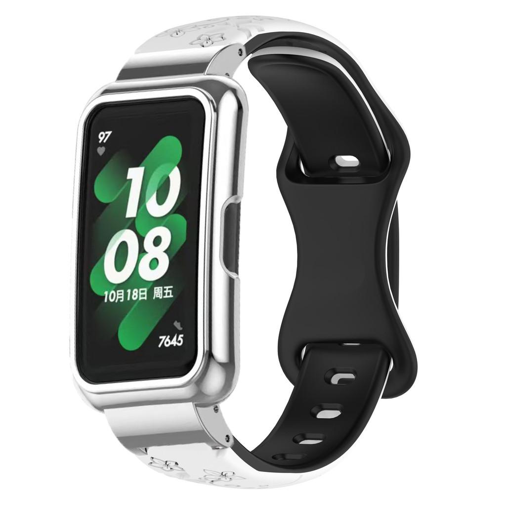 2in1 Set Metal Case and Two-tone Embossed Silicone Strapsuit for Huawei Watch Band6/7/8/9/10 Slim Laser Engraved Silicone Strap